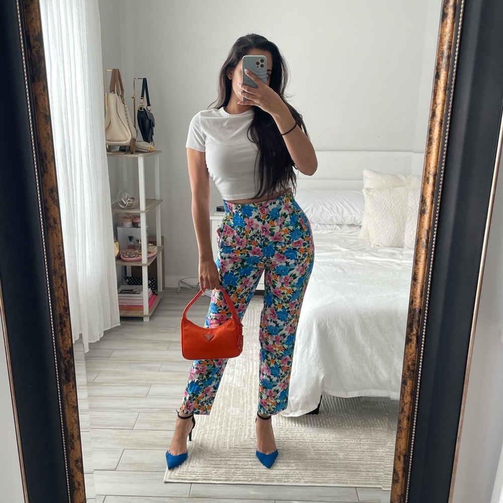 Zara High Rise Floral Ankle Pants Blue Pink XS